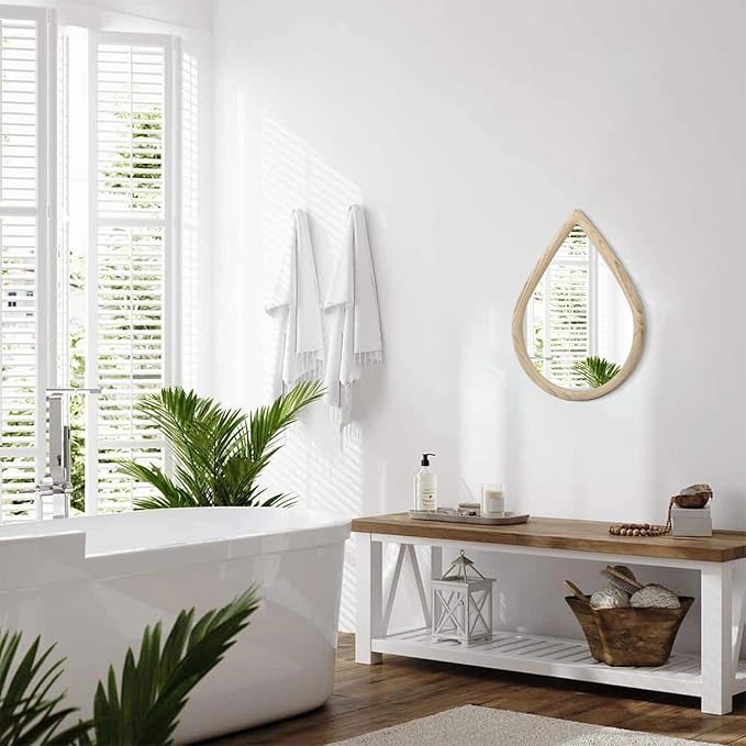 Teardrop Wall Mirror Small Natural Wood Framed Wall Hanging Mirror Irregular Mirrors for Wall Decorative Farmhouse Bedroom Bathroom Entryway Mirrors