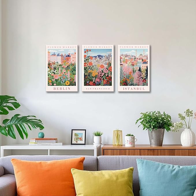 XLARTMY Flower Market Wall Art Prints Canvas Orange and Pink Floral Paintings Colorful Botanical Travel Flower Posters for Home Decor Pictures Set of 3 for Living Room Bedroom 16x24in Unframed