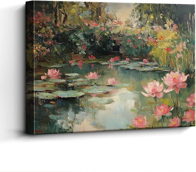 Water Lily Pond Wall Art – 15x12 Inch Lotus Flower Landscape Print – Monet Style Botanical Poster for Living Room, Bedroom, Office – Frameless Laminated Paper with Hanging & Tabletop Display