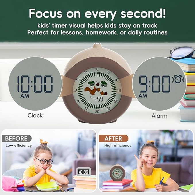 Visual Timer for Kids, 299-Minute Cute Kids Squirrel Timer with Eye-Protection Screen & Protective Case, Homeschool Supplies Study Teaching Time Management Tool