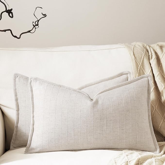 12x20 Linen Pillow Covers Beige Pack of 2 Farmhouse Boho Neutral Accents Striped Textured Rectangular Lumbar Decorative Throw Pillow Cases for Living Room Couch Bed Home Decor
