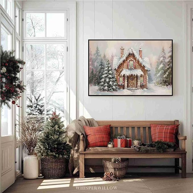 Snowy Cabin Wall Art Christmas Landscape Print Watercolor House Poster Festive Holiday Canvas Print Rustic Winter Scene Wall Decor Indoor Decor for Living Room Bedroom Kitchen Framed Ready to Hang