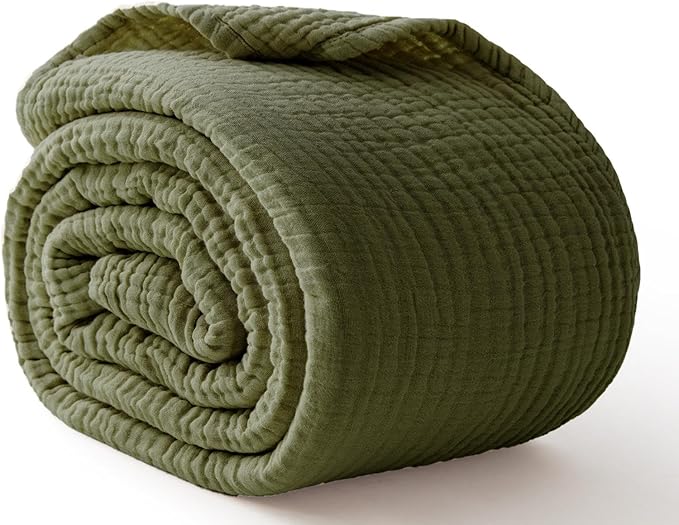 100% Cotton Muslin Blanket King 108" x 90", Breathable and Lightweight Cotton Throw Blanket for Bed, Soft Cooling Summer Gauze Blanket for Adults All Season, Olive Green