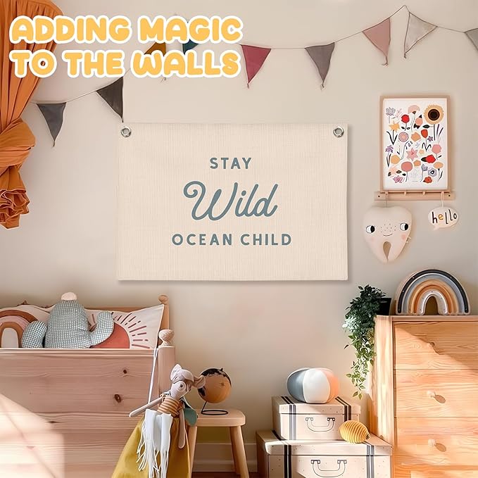 Nursery Wall Decor,Stay Wild Ocean Child Coastal Linen Canvas Banner, Nursery Decor Hanging Flag Kids Room Playroom Nursery Wall Art, Retro Classroom Coastal Room Decor, 30x20 Inch