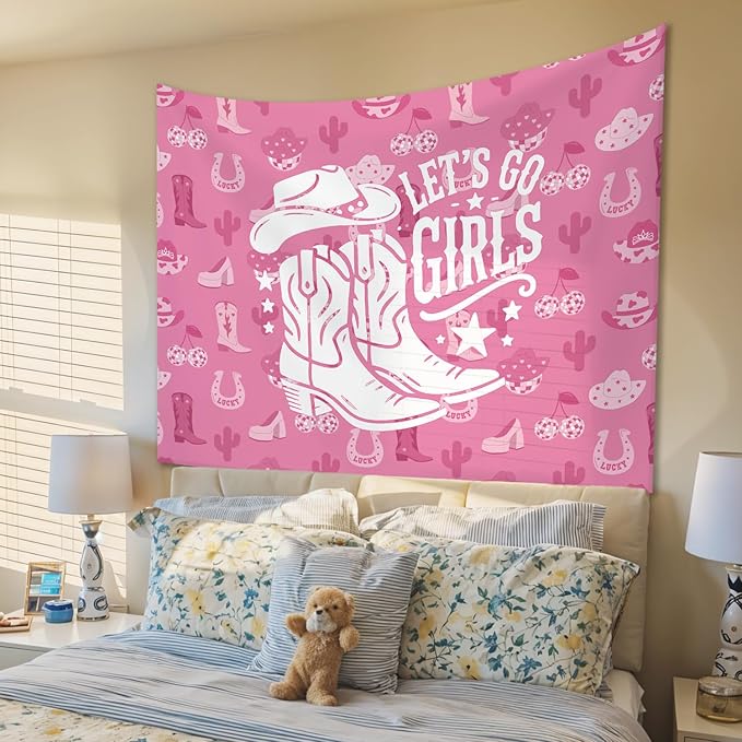STHTTSW Pink Cowgirl Tapestry, Pink Coastal Let' s Go Girls Tapestries Wall Blanket, Preppy Girly Wall Hanging Decor for Teen Girl Women College Dorm Apartment Bedroom, 50x60 Inch