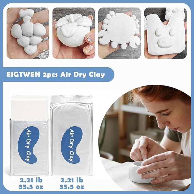 EIGTWEN 20pcs Air Dry Clay for Adults Kit, Includes Air Dry Clay and 50ml Gloss Glaze, Sculpting Tools, 8 Colors of Paint, Paintbrushes, Brushes, Sponges, A Surprise Gift for Art and Craft Enthusiasts