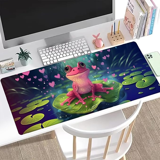 Adorable Pink Frog Gaming Mouse Pad, Office Desk Mat, Anti-Slip Rubber Base Cool Aesthetic Mouse Pads for Computer Laptop Keyboard School Home Desktop Gamer Home Accessories Decor 31.5" x 11.8"