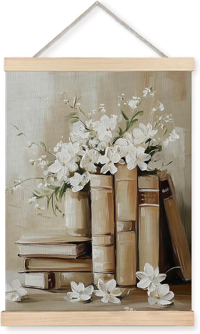 Vintage Floral Book Wall Art, Spring Floral Wall Art Decor, Cottagecore Wall Decor, Light Academia Decor, Retro Floral Botanical Oil Painting Canvas Wall Art Poster Hanger Frame, 12x16 Inches