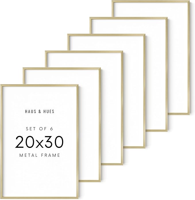 HAUS AND HUES 20x30 Gold Metal Picture Frames - Premium Aluminum with Hanging Hardware, Shatterproof Plexiglass - Perfect for Home or Office (20x30 in, Gold, Set of 6)