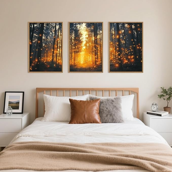 Magical Firefly Forest Framed Canvas Wall Art Set,Enchanted Night Nature Mystical Woodland Wall Decor,Whimsical Orange Twinkling Black Tree Art Print for Living Room, Bedroom, Office- 24"x36"x3