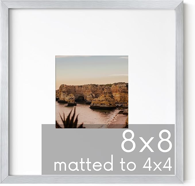 HAUS AND HUES 8x8 Silver Metal Picture Frame Matted to 4x4 - Premium Aluminum with Hanging Hardware, Shatterproof Plexiglass - Ideal for Home or Office (8x8 in, Silver, Set of 1)