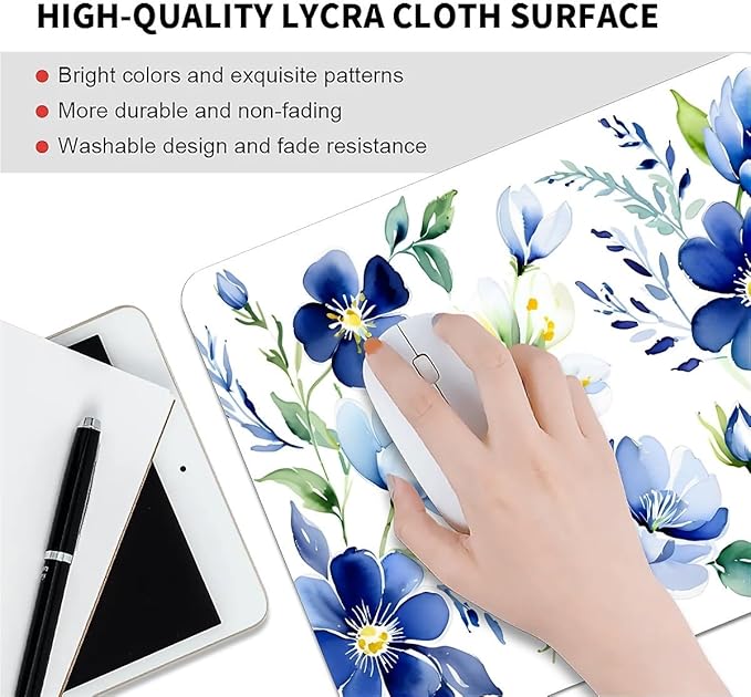 Square Mouse Pad White Blue Flowers 3, Personalized Premium-Textured Custom Mouse Mat Design, Washable Mousepad Cloth, Non-Slip Rubber Base Computer Mouse Pads for Wireless Mouse