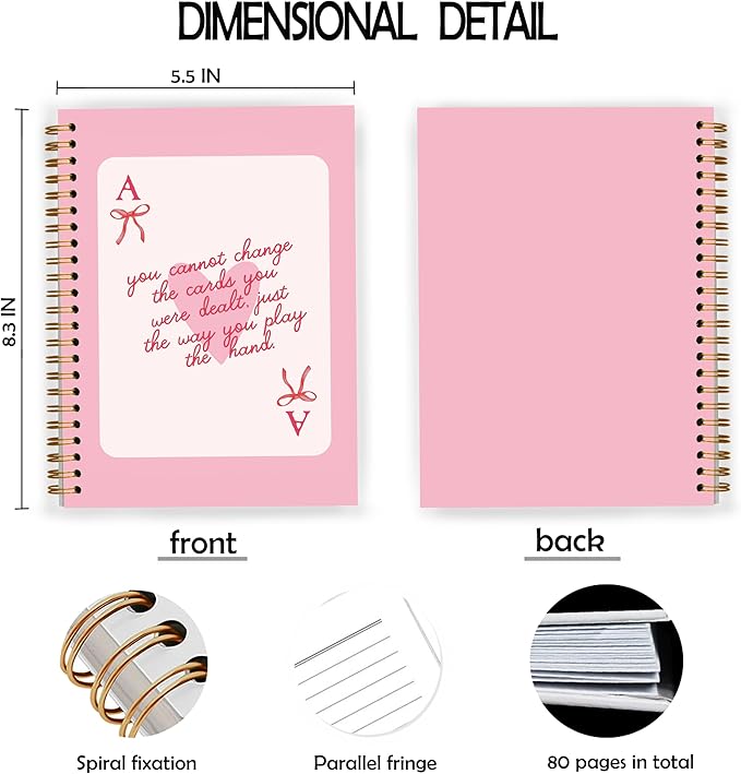 Pink Girly Preppy Notebook, Coquette Bow Trendy Funky Ace Card Spiral Notebook 5.5x8.3, Preppy Aesthetic Journal for Women, Pink Girly Office Supplies, Spiral Journal