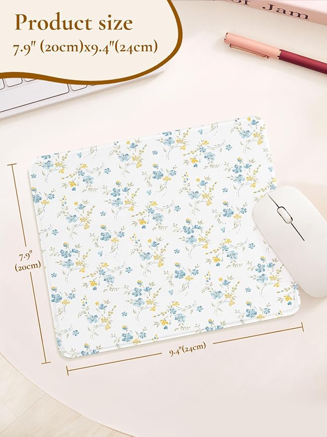Elegant Blue Flowers Mouse Pad, Waterproof Aesthetics Yellow Floral Mouse Pads Design, Non-Slip Rubber Base Computer Simple Funny Mousepad,Small Mouse Mat Desk Accessories Office Supplies