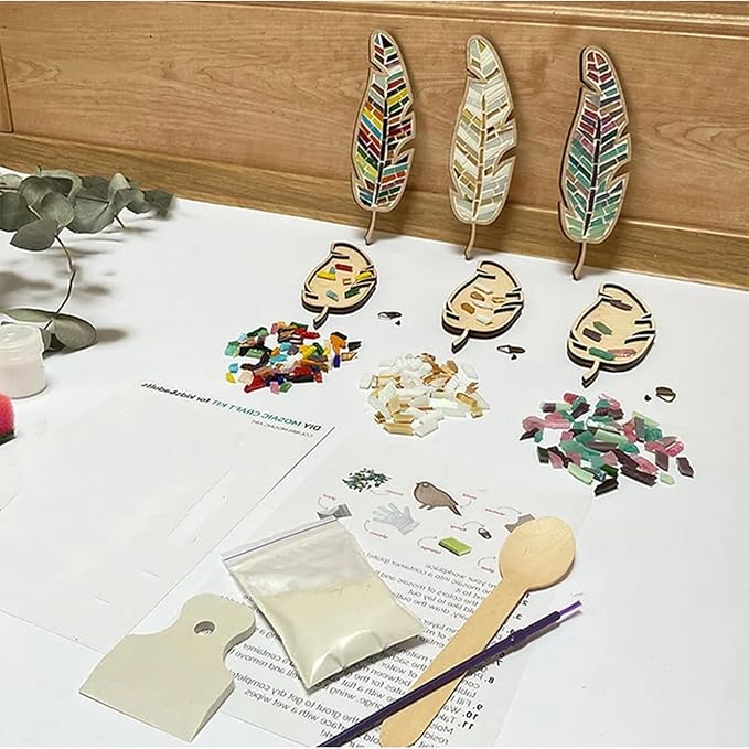 TATREBCRE DIY Mosaic Kit for Adults & Kids – Feather, Bird, Cat & Heart Designs – Christmas Gift Arts and Crafts Kit with Grout & Tools – Easy Mosaic Craft for Beginners (Three-Colored Feathers)