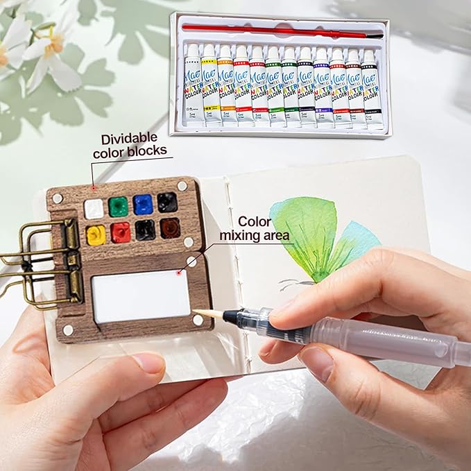 Mini Watercolor Set, Mini Watercolor Paint Sets, Mini Watercolor Travel Set, Mini Paint Palette Travel Kit, Pocket Artist Watercolors Travel Sets, Wooden Grid Paint Box (15 Grids)