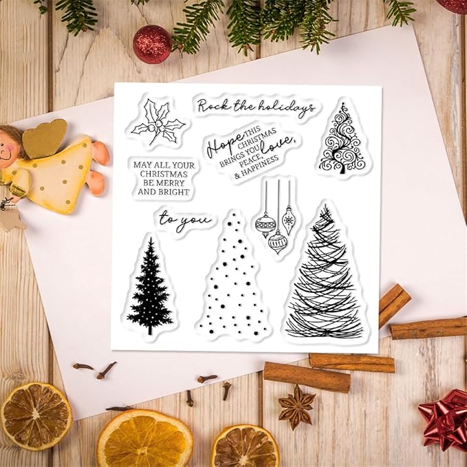 Christmas Tree Snow Stamps and Cutting Dies for Card Making DIY Transparent Silicone Clear Stamp and Metal Die Cuts Sets for Scrapbooking Paper Greeting Cards Decor Seals Craft Supplies