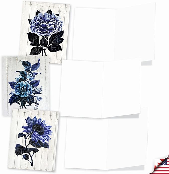 The Best Card Company - 10 Blank Note Cards with Envelopes (4 x 5.12 Inch) - Bulk All Occasion Cards Boxed - Driftwood Indigo Flowers AM6825OCB-B1x10