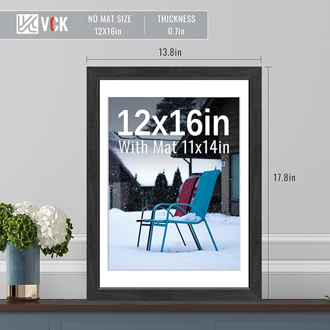 VCK 12x16 Picture Frames Black Set of 5, Wide Border Wood, Tempered Glass, Display 11x14 Photo with Mat or 12 x 16 without, for Home, Office, Gallery, Woodgrain Series, Wall Hanging