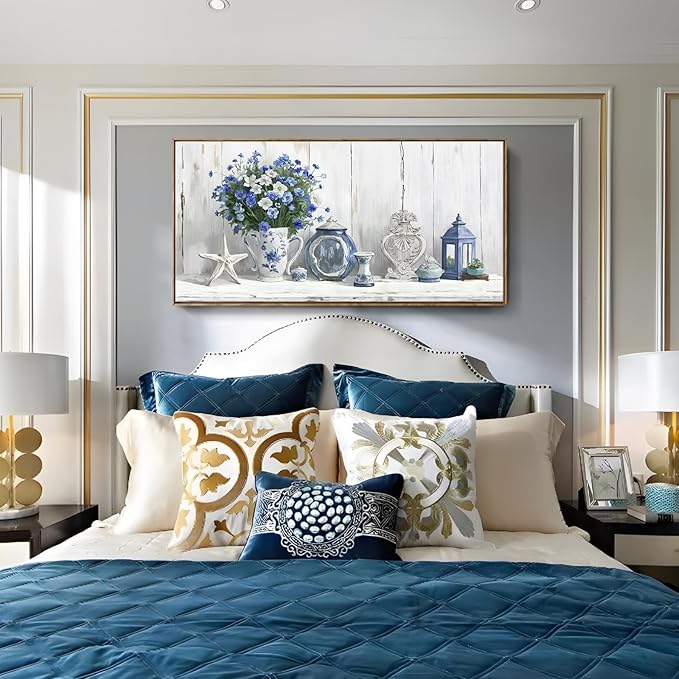 Nicetop Large Framed Artwork for Walls – Coastal Rustic Farmhouse Art Prints Blue and White Floral Canvas Art Vintage Country Shabby Chic Wall Picture for Living Room Bedroom Kitchen Dining 48x24 Inch