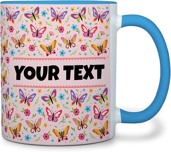 Personalized Mug for Kids - Butterflies - Custom Name/Text, Ceramic Hot Chocolate/Cocoa/Coffee Cup for Girls, Birthday/Christmas/Holiday Gift - 11 oz, Red Handle