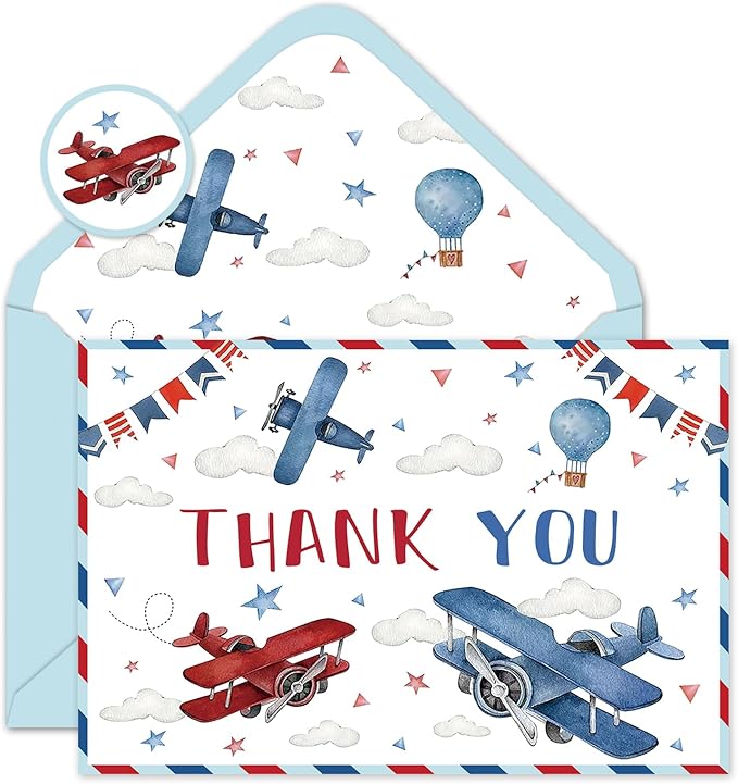 JarThenaAMCS 24 Pack Airplane Travel Thank You Card Greeting Cards with Envelopes Stickers Blank Note Card for Birthday Baby Shower Party Supplies
