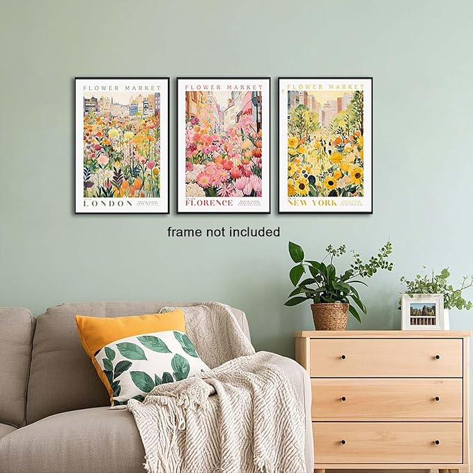 XLARTMY Flower Market Wall Art Print Canvas Yellow Pink Floral Paintings Colorful Botanical Sunflower Artwork Travel Poster for Decor Picture 3 pieces for Living Room Bedroom Bathroom 16x24in Unframed