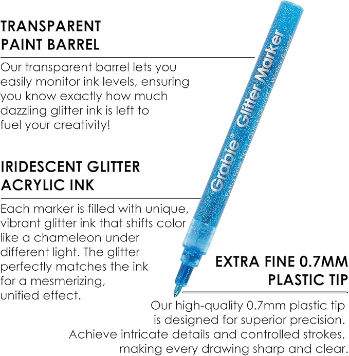 Grabie Glitter Metallic Markers, Extra-Fine Tip Glitter Acrylic Paint Markers, Quick-Drying Water-based Ink Glitter Pens for Adults, DIY Crafts Making (Extra Fine Tip 24 Colors, Pack of 24)