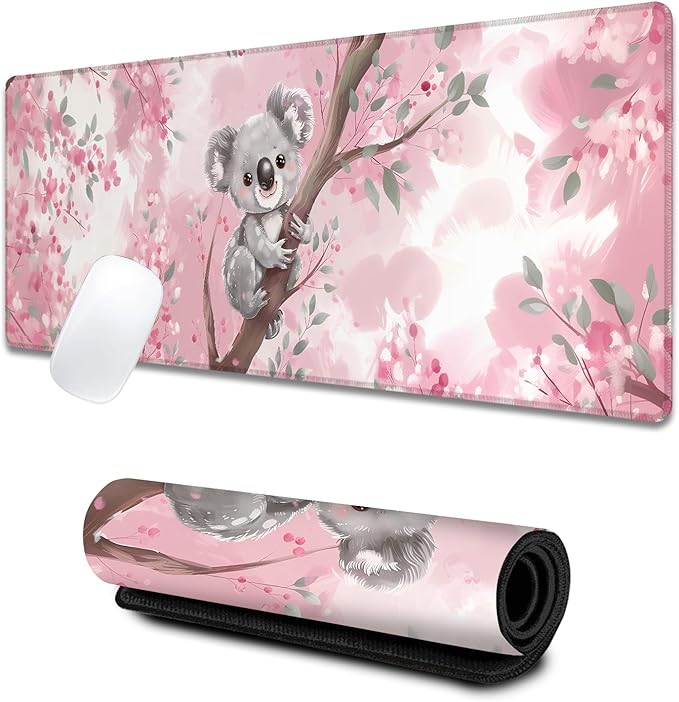 Koala Cute Large Gaming Desk Mat,Rubber Non-Slip Smiling Aniaml Mouse Pad,31.5x11.8x0.12in Extended Pink Mousepad,Game Lover Mice Pads Gifts,Office Home Deskmat Decor