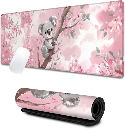 Koala Cute Large Gaming Desk Mat,Rubber Non-Slip Smiling Aniaml Mouse Pad,31.5x11.8x0.12in Extended Pink Mousepad,Game Lover Mice Pads Gifts,Office Home Deskmat Decor