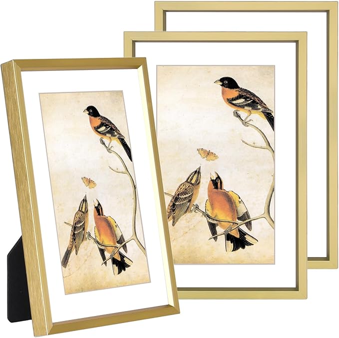 4x6 Picture Frame Set of 3, Brass Metal Photo Frames with HD Glass, Fits 3x5 with Mat or 4x6 without Mat, Wall Hanging and Table Display