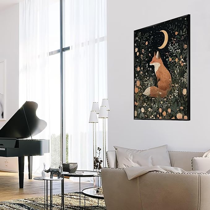 Fairytale Dreamy Fox Wall Art Vintage Moonlit Forest Floral Plant Night Canvas Poster Print Whimsical Nature Aesthetic Picture Decor for Nursery Living Room Bedroom Office 24x36inch Metal Black Framed