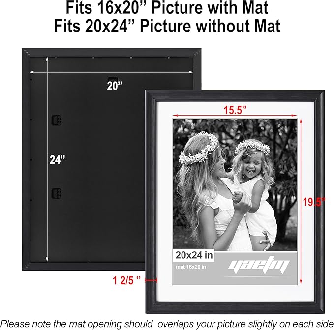 Yaetm 20x24 Picture Frame Matted to 16x20 Set of 2, 1.4" Wide Molding & Distressed Black Poster Frames for for Wall Gallery, Home and Office, Wall Mount (2 pack, Black)