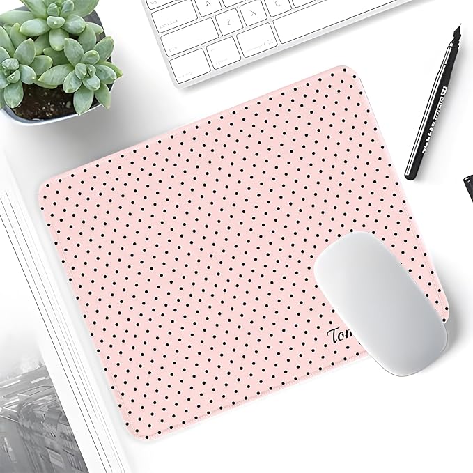 Seorsok Cute Pink Mouse Mat,Premium Textured Mouse Pads for Office Laptop,Washable Square Mousepads with Extended Stitched Edges Non Slip Rubber Base 9.5"x7.8"x0.12"Inch,Black Polka Dot Design