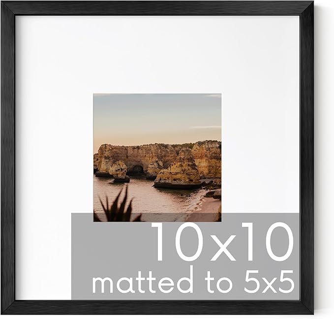 HAUS AND HUES 10x10 Black Metal Picture Frame Matted to 5x5 - Features Premium Aluminum & Hanging Hardware, Shatterproof Plexiglass - Ideal for Home, Room, Office (10x10 in, Black, Set of 1)