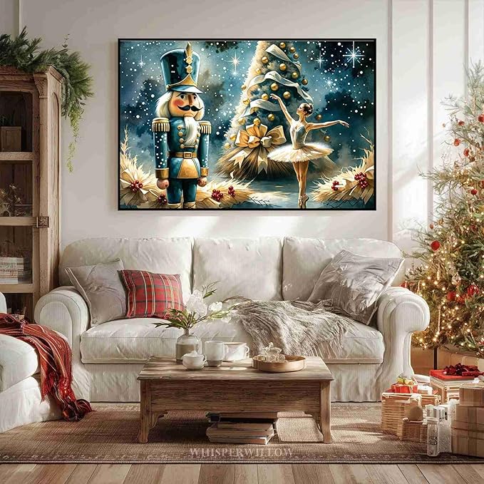 Christmas Wall Art Holiday Decor Nutcracker and Ballerina Winter Scene Poster Modern Farmhouse Poster Vintage Oil Painting Print Indoor Decor for Home Bedroom Christmas Holiday Framed Ready to Hang