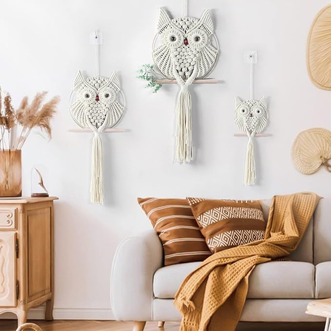 MVSUTA Owl Ivory Cotton Handmade Macrame Wall Hanging Tapestry Home Decor Art Cream Craft Wonderful Decoration Woven Beige Boho Ornament for Office Bedroom Apartment Living Nursery Gallery,3pcs