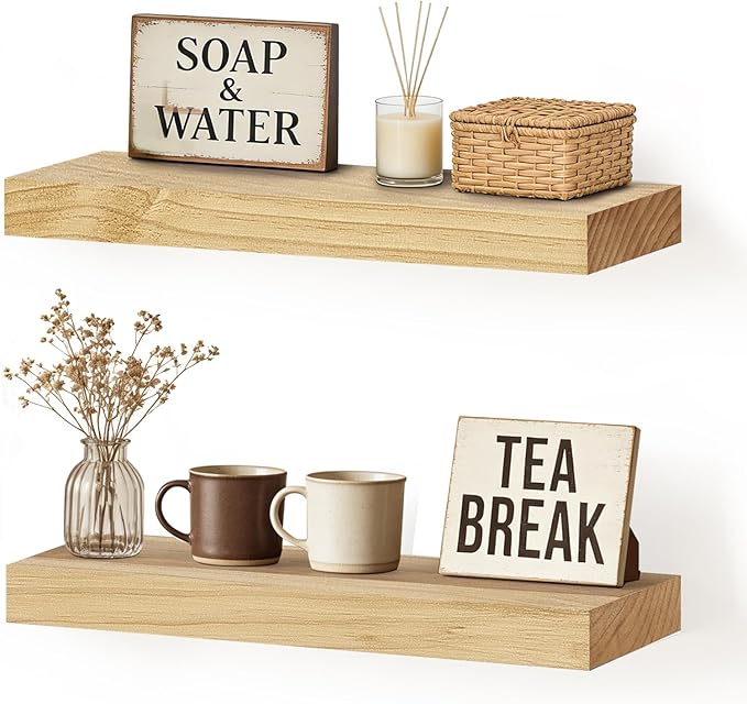 Floating Wall Shelf 16x6.8x1.7 Inch – Solid Wood Shelf in Natural Wood Finish – Wall Mounted Rustic Display Organizer for Bathroom, Kitchen, Bedroom, Small Spaces – Set of 2