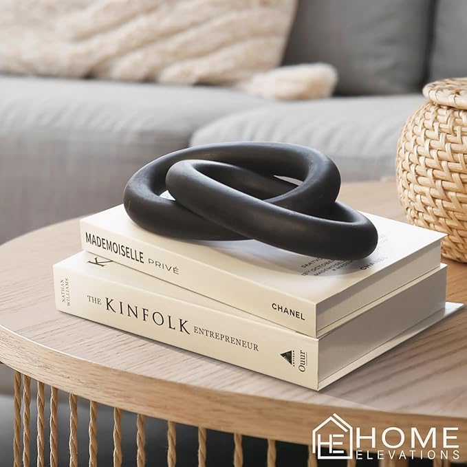 Product Elevations Wood Chain Link Decor – 13” Black Wooden Decorative Object for Coffee Table Decor & Neutral Decor for Home – Modern Knot Accent for Shelf Styling, Books, or Housewarming Gifts