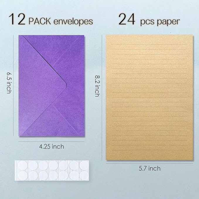 Tuhangcc Premium Velvet-Touch Stationery Set with Unique Design Colors - Best Paper and Elegant 4x6 Envelopes (24 Writing Sheets + 12 Envelopes) for Love Letters and Party Invitations (Purple)