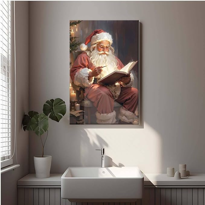 Canvas Wall Art Vintage Christmas Wall Art Santa Writing Book Oil Painting Cottagecore Decor Academia Christmas Decor Winter Print 24x36in-UnFramed