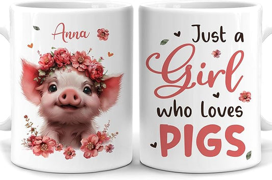 Hyturtle Personalized Cute Pig Coffee Mug for Animal Lovers - Just A Girl Who Loves Pigs - Custom Ceramic Cup for Women - Birthday - 11oz/15oz