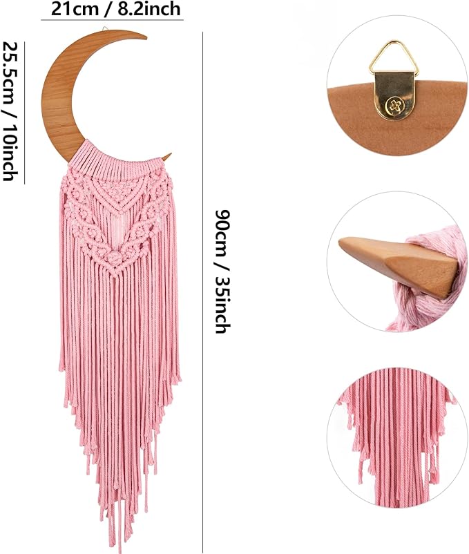 ANROYE Macrame Wall Hanging Boho Moon Decor, Bohemian Crescent Wooden Ornament with Long Tassel, Handmade Unique Wood Tapestry Home Decoration Wall Art Gift for Dorm Bedroom Nursery Living Room
