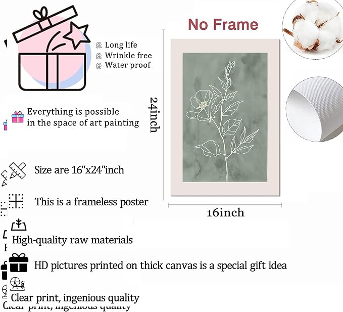 3Pcs Sage Green Botanical Wall Art Line Drawing Floral Canvas Poster Prints Modern Abstract Minimalist Picture Neutral Boho Artwork Simple Painting Wall Decor for Living Room Bedroom 16x24in Unframed