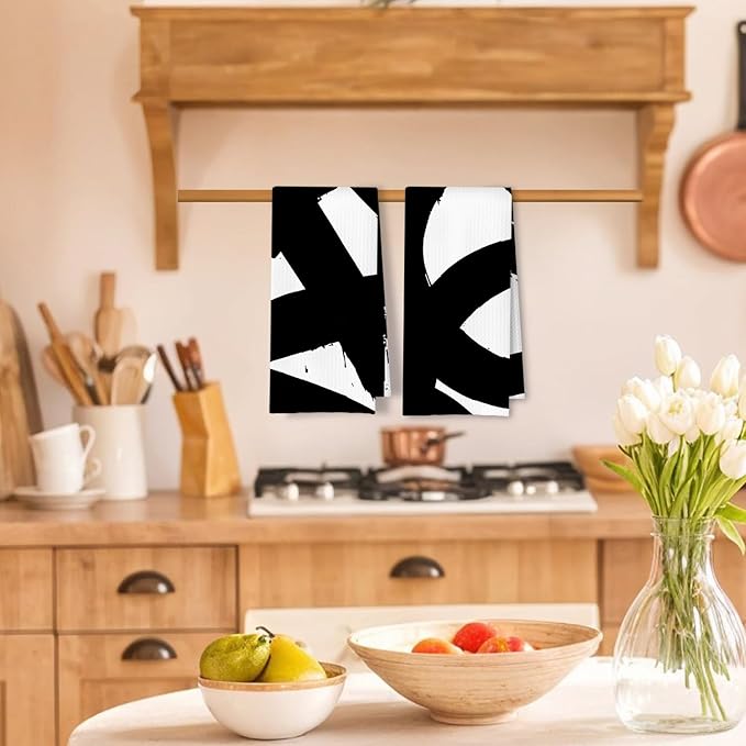 Abstract Black and White Kitchen Towels Set of 2, Modern Black and White Dish Tea Towels for Kitchen, Abstract Decor Hand Towels, Modern Bathroom Decor, 16x24 Inches