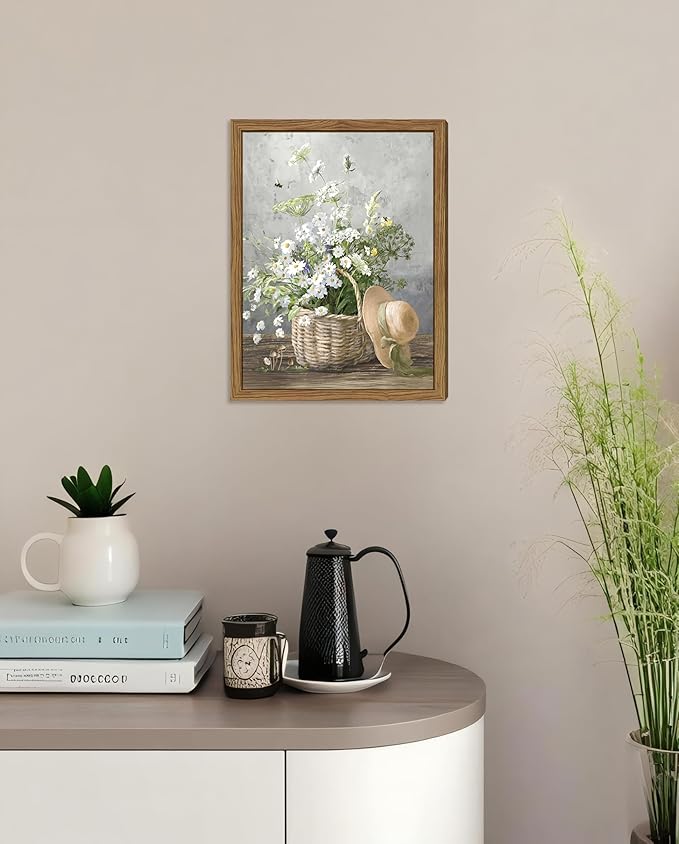 Framed Rustic Daisy Canvas Wall Art, Vintage Farmhouse Floral Pictures Wall Decor, Country Flower Botanical Paintings Prints Aesthetic Home Decor for Living Room Bathroom Bedroom 16X24 inch