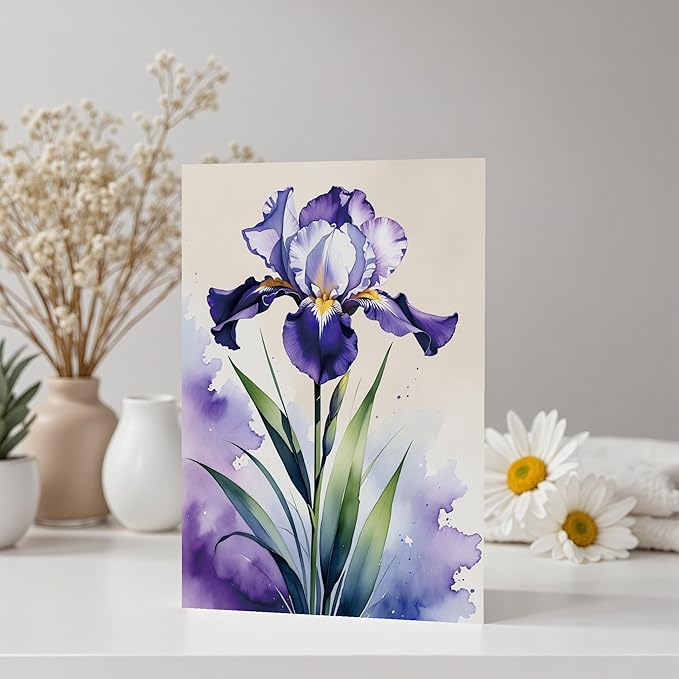 Blank Inside Greeting Card with Envelope for All Occasions, 5x7 Inch Elegant Watercolor Iris Card – Birthday, Sympathy, Thank You - Single Card