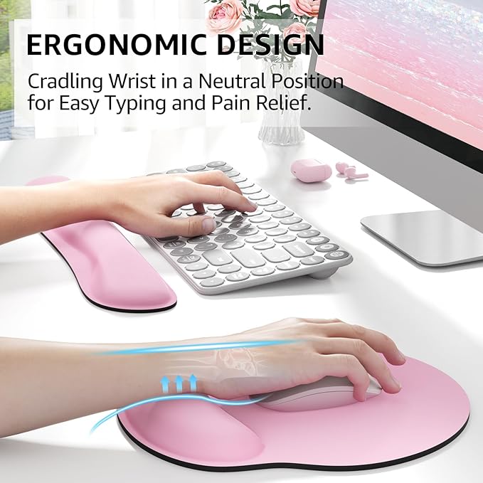 KTRIO Ergonomic Keyboard Wrist Rest, Memory Foam Mouse Pad with Wrist Rest for Computer Keyboard, Mouse Pad Set for Easy Typing & Pain Relief for Office & Home, Pale Pink
