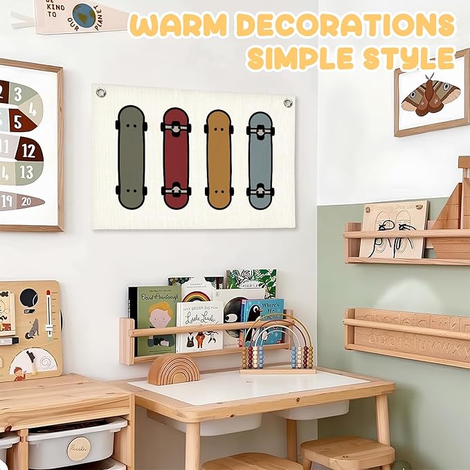 Boys Room Decor, Skateboard Sports Nursery Wall Hanging Canvas Banner Prints, Colorful Skateboard Wall Art Decor for Kids Boys Nursery Toddler Room Bedroom Playroom, 30x20 Inch