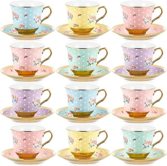 Set of 12 Tea Cups and Saucers Tea Party Decorations Floral Porcelain 5.4 oz British Gift for Women Birthday Party, Church, and Mother's Day (Vintage Style)